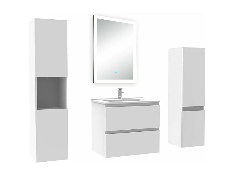 Ensemble meuble Salle de Bain 60cm simple vasque avec colonne et miroir lumineux dimmable blanc