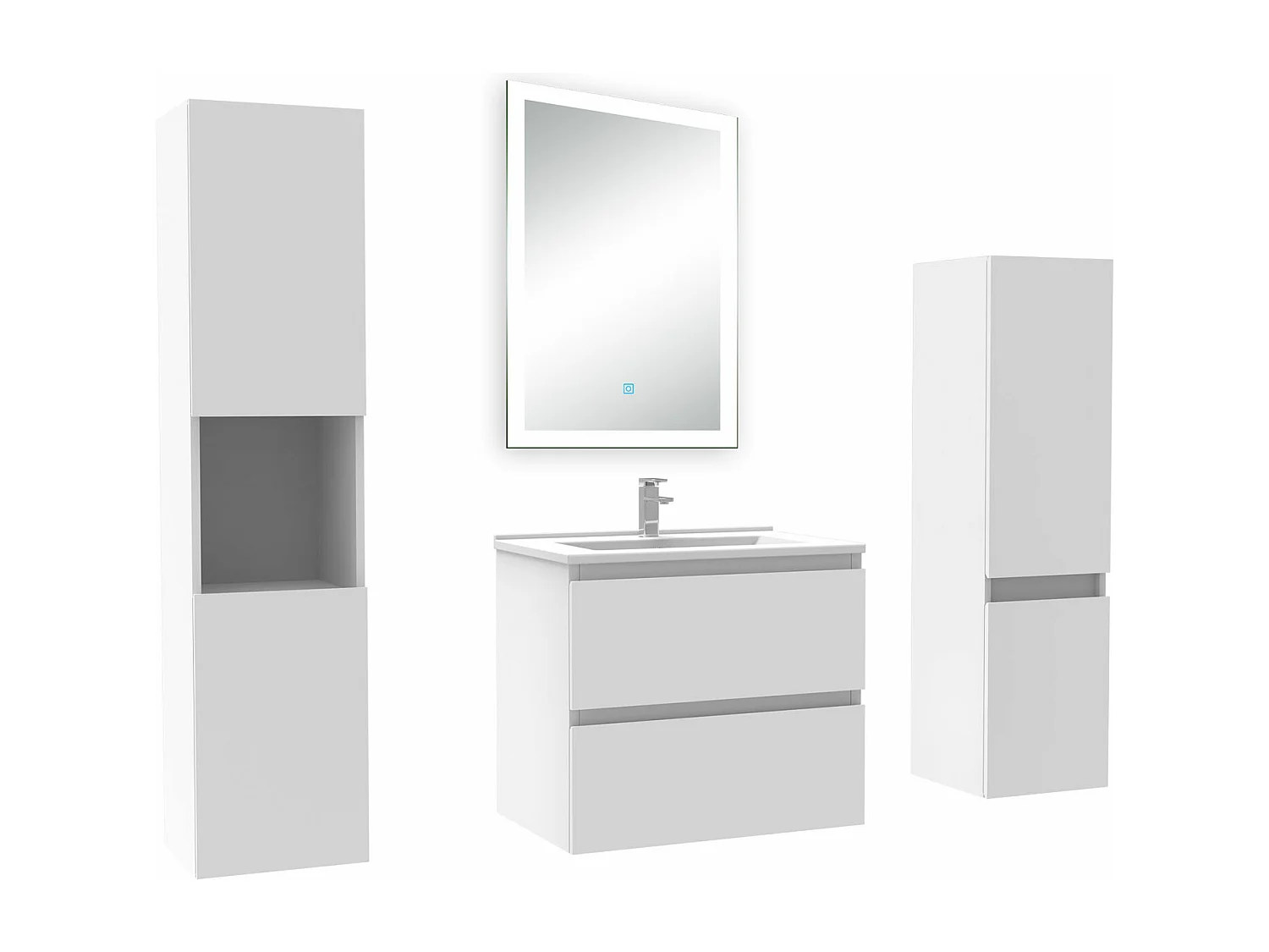 Ensemble meuble Salle de Bain 60cm simple vasque avec colonne et miroir lumineux dimmable blanc