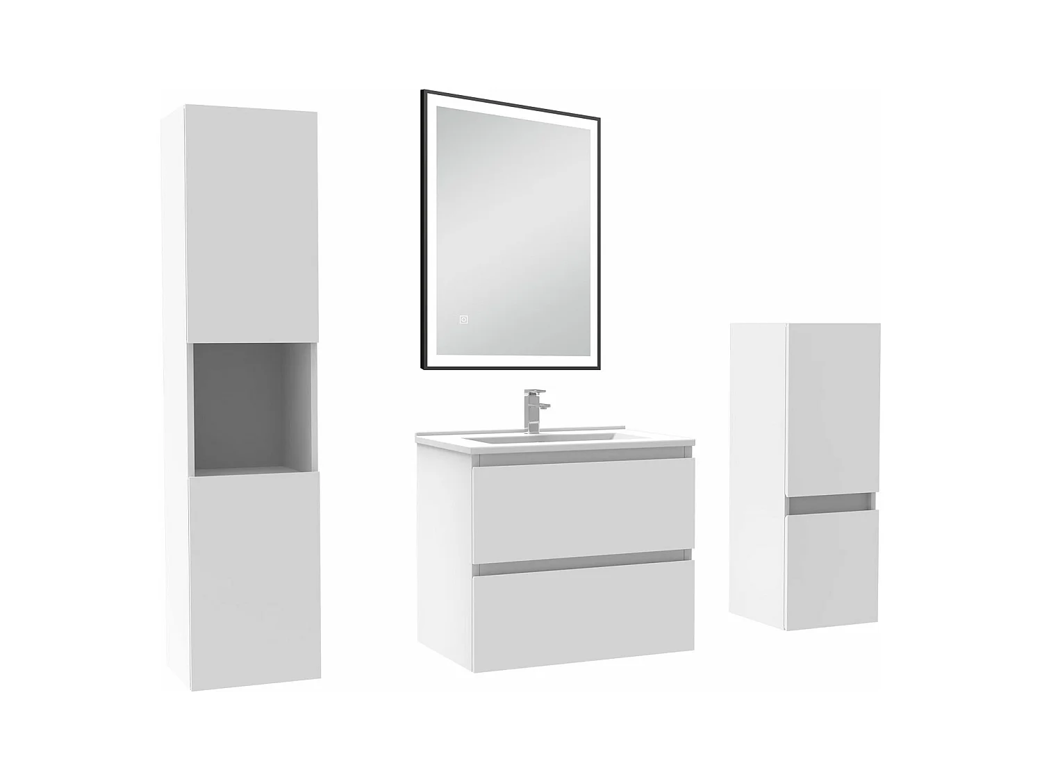 Meuble salle de Bain 60cm avec colonne et miroir mural lumineux 3 couleurs blanc