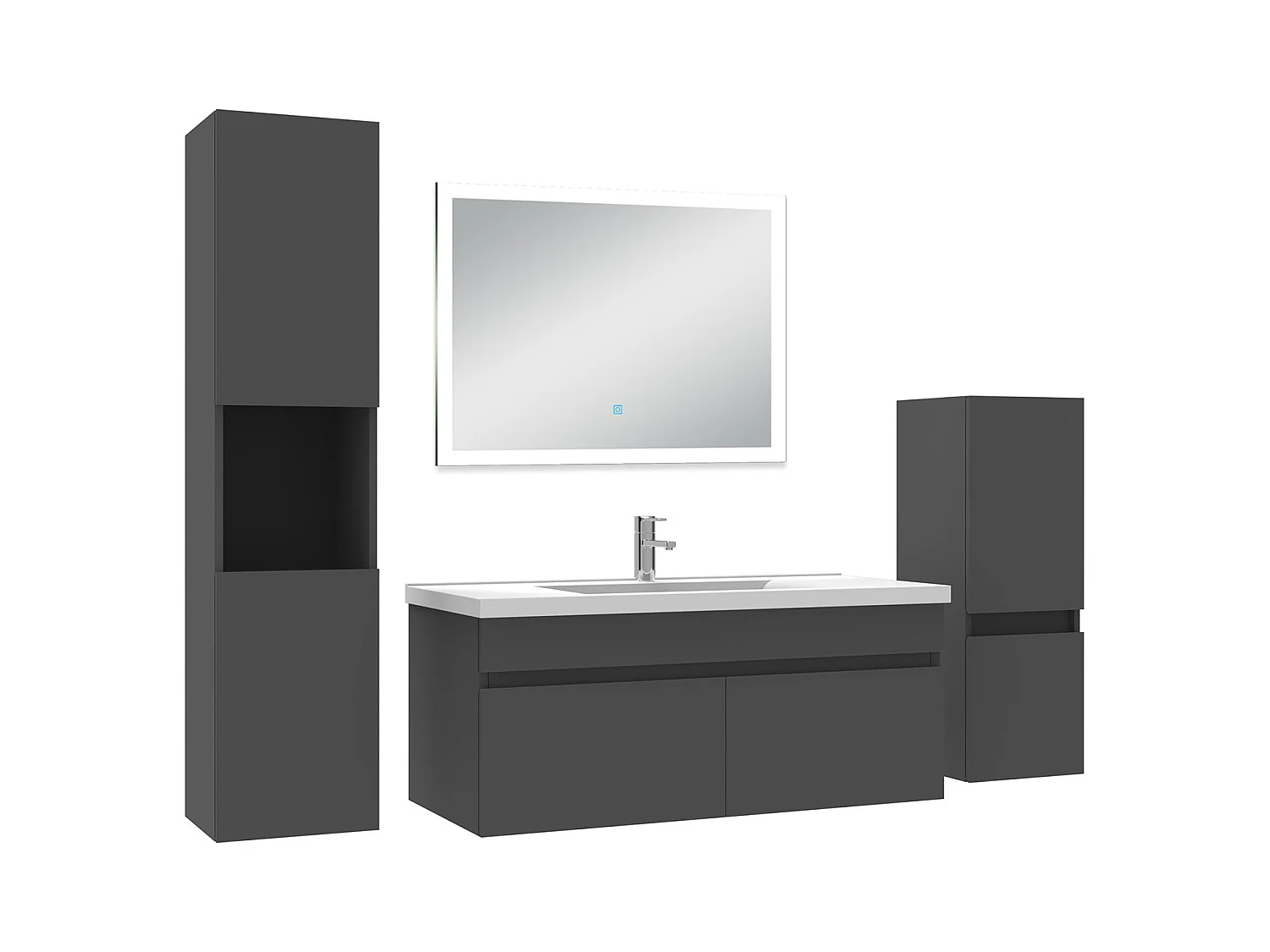 Ensemble meuble Salle de Bain 100cm avec simple vasque + colonne + miroir lumineux dimmable anthracite