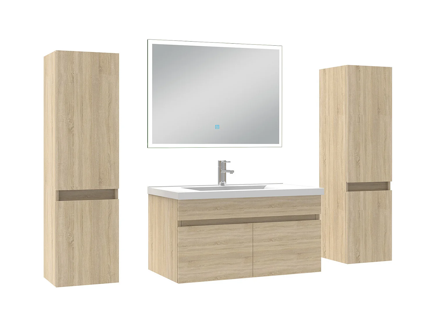 Ensemble meuble Salle de Bain 80cm avec colonne et miroir lumineux dimmable mural chêne wotan