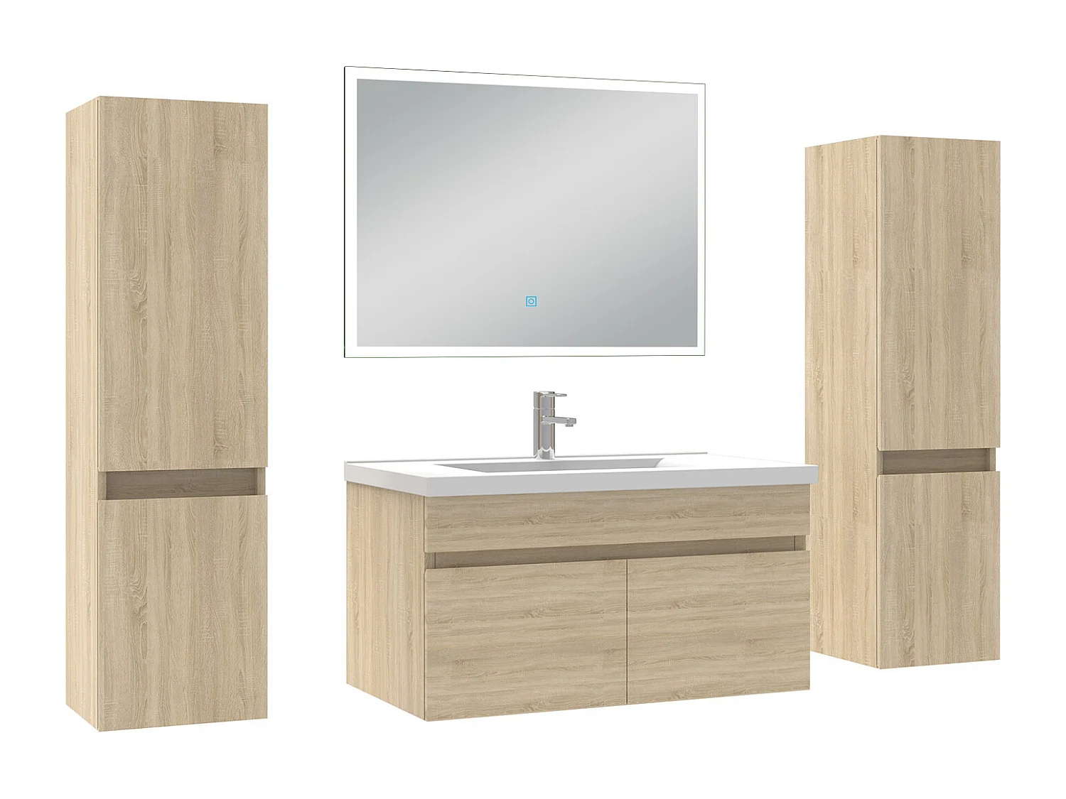 Ensemble meuble Salle de Bain 80cm avec colonne et miroir lumineux dimmable mural chêne wotan