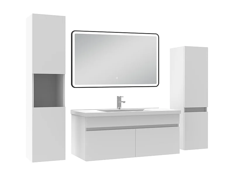 Meuble simple vasque blanc 100cm avec colonne + miroir lumineux 3 couleurs + dimmable