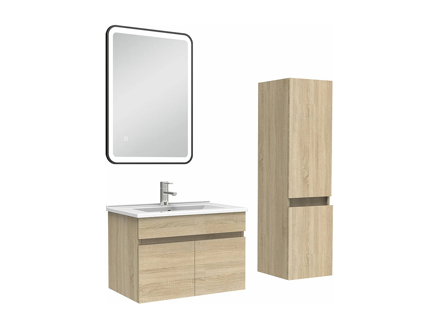 Meuble simple vasque 60cm avec colonne + miroir lumineux chêne wotan