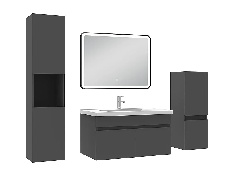 Meuble simple vasque 80cm avec colonne + miroir lumineux 3 couleurs + dimmable anthracite