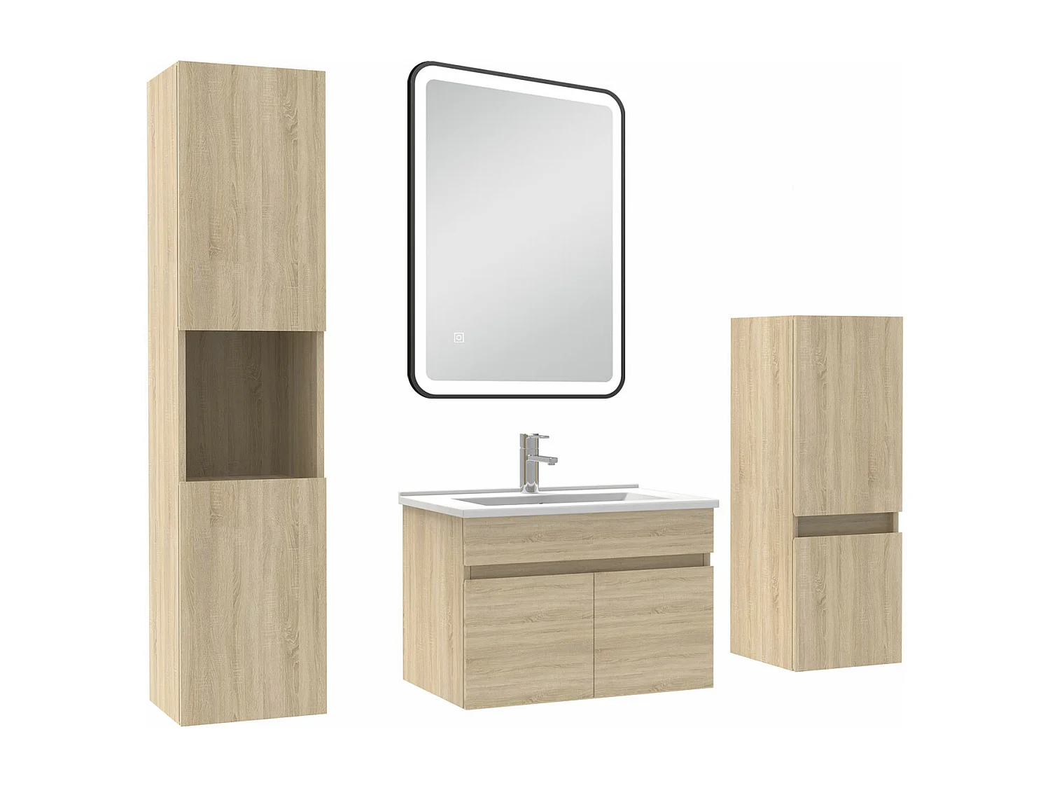 Meuble simple vasque 60cm avec colonne + miroir lumineux 3 couleurs + dimmable chêne wotan