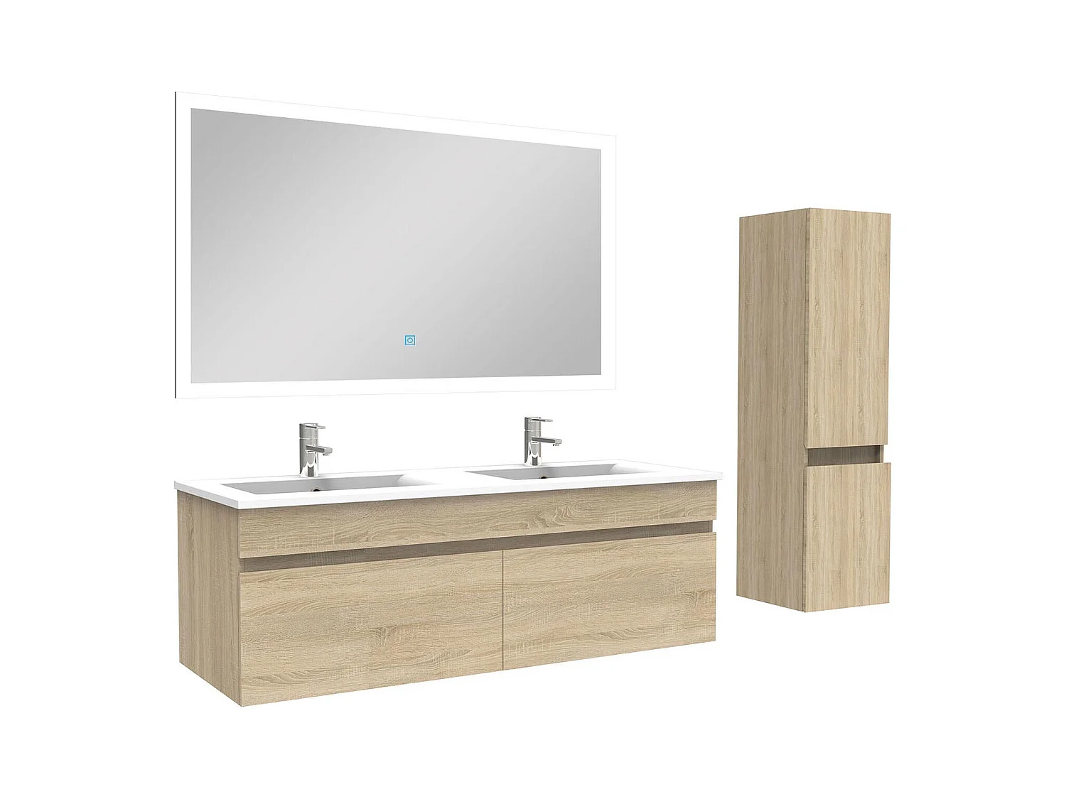 Ensemble meuble Salle de Bain 120cm avec vasque + colonne + miroir lumineux 3 couleurs chêne wotan