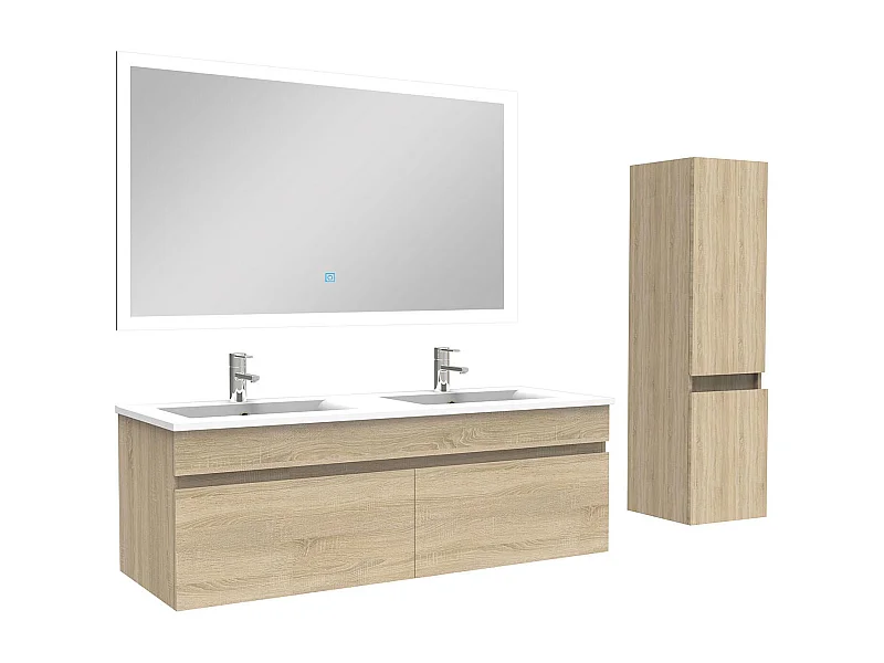 Ensemble meuble Salle de Bain 120cm avec vasque + colonne + miroir lumineux 3 couleurs chêne wotan