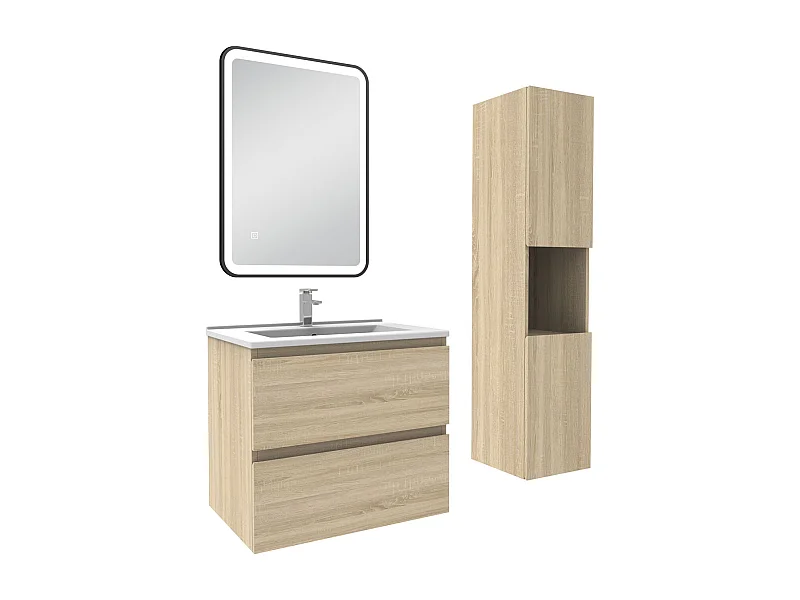 Meuble salle de Bain 60cm avec colonne + miroir 3 couleurs Chêne Wotan