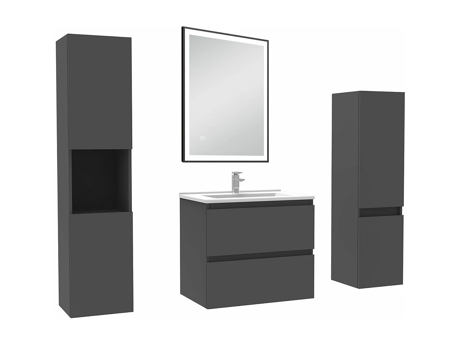 Meuble Salle de Bain 60cm avec colonne et miroir lumineux 3 couleurs Anthracite
