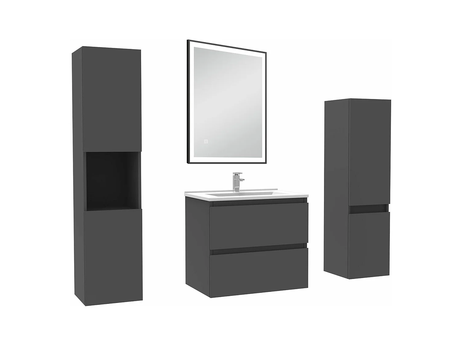 Meuble Salle de Bain 60cm avec colonne et miroir lumineux 3 couleurs Anthracite