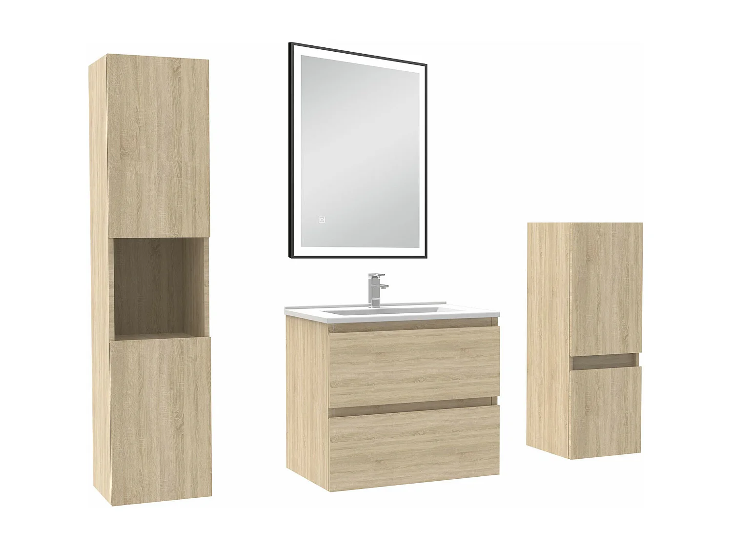 Meuble salle de Bain 60cm avec colonne et miroir mural lumineux 3 couleurs Chêne Wotan