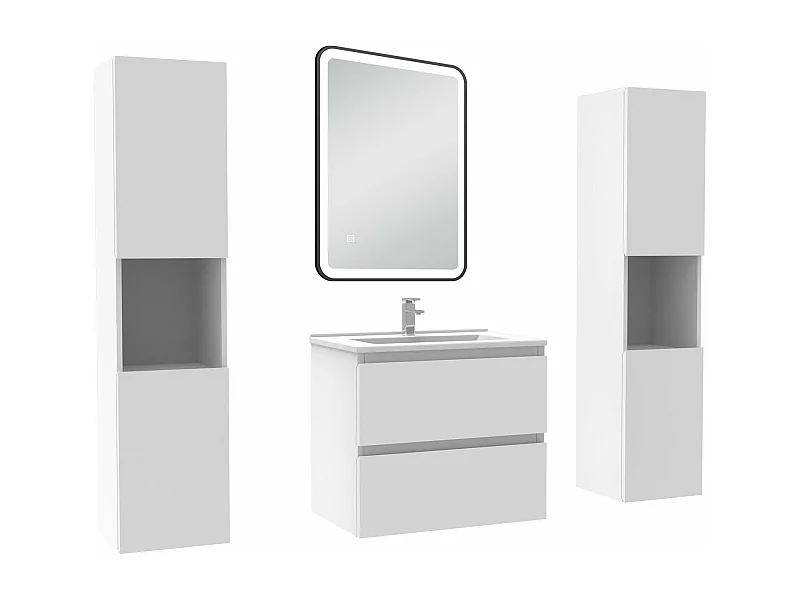 Meubles Salle de Bain 60cm avec colonne + miroir lumineux 3 couleurs + dimmable blanc