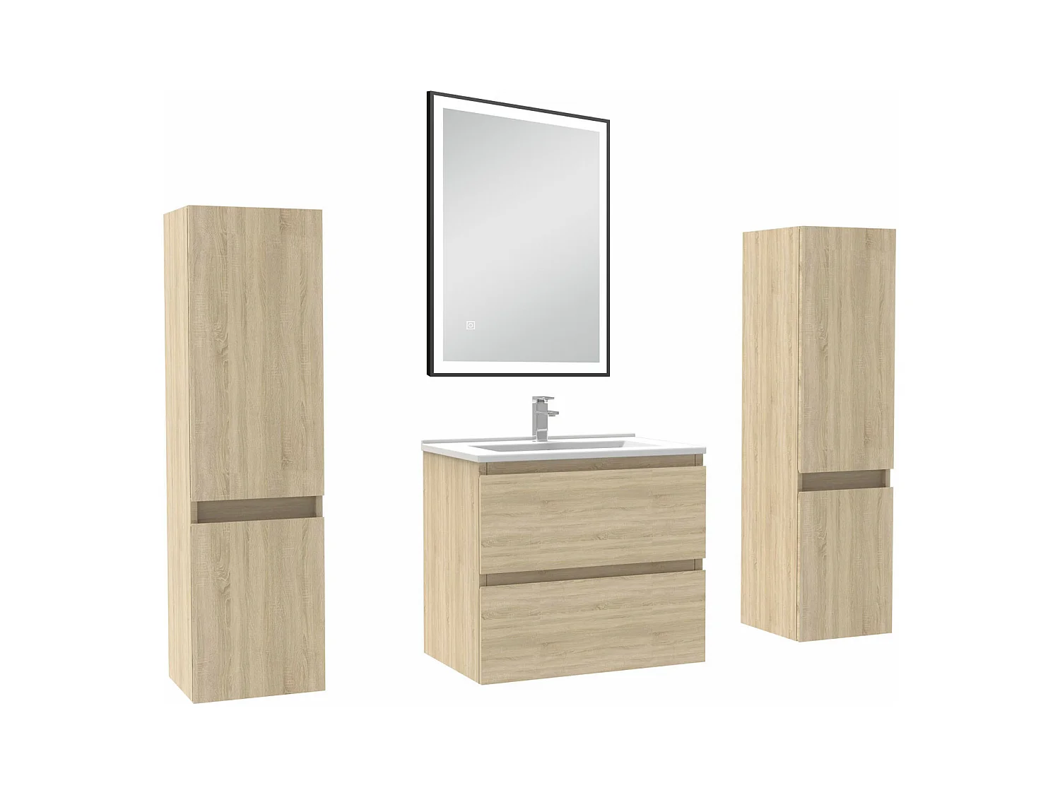 Meubles Salle de Bain 60cm avec colonne et miroir lumineux 3 couleurs Chêne Wotan