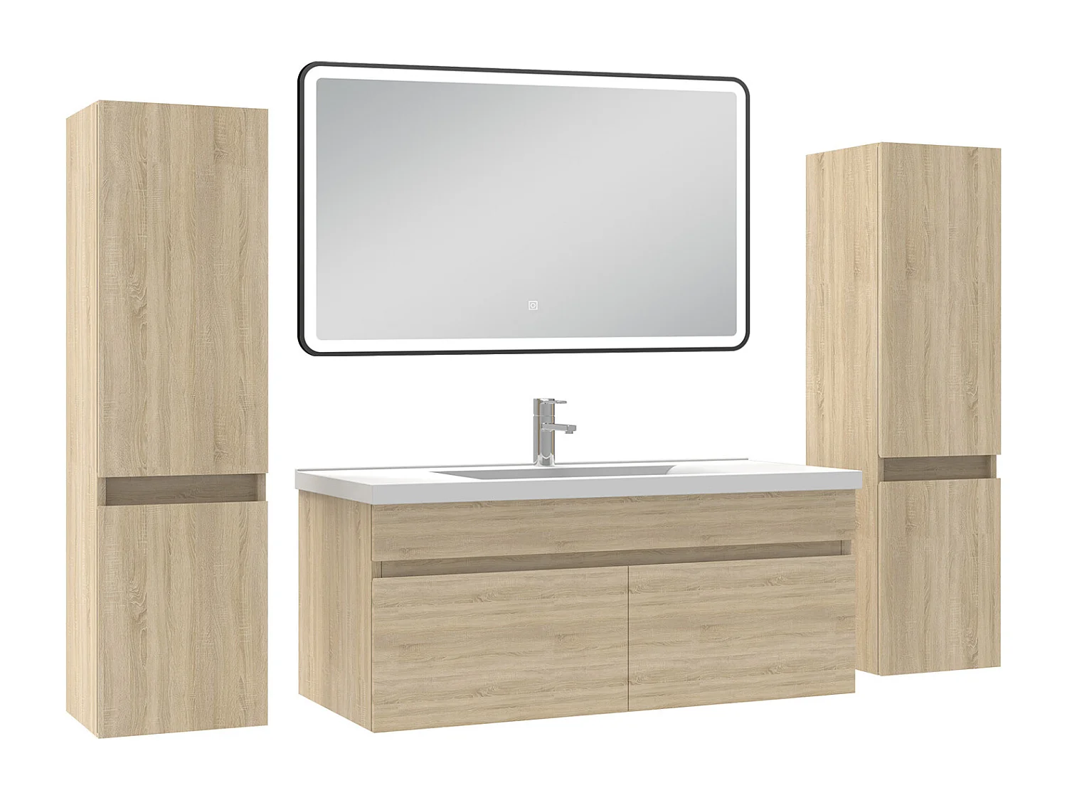 Meuble simple vasque chêne wotan 100cm avec colonne + miroir 3 couleurs + dimmable