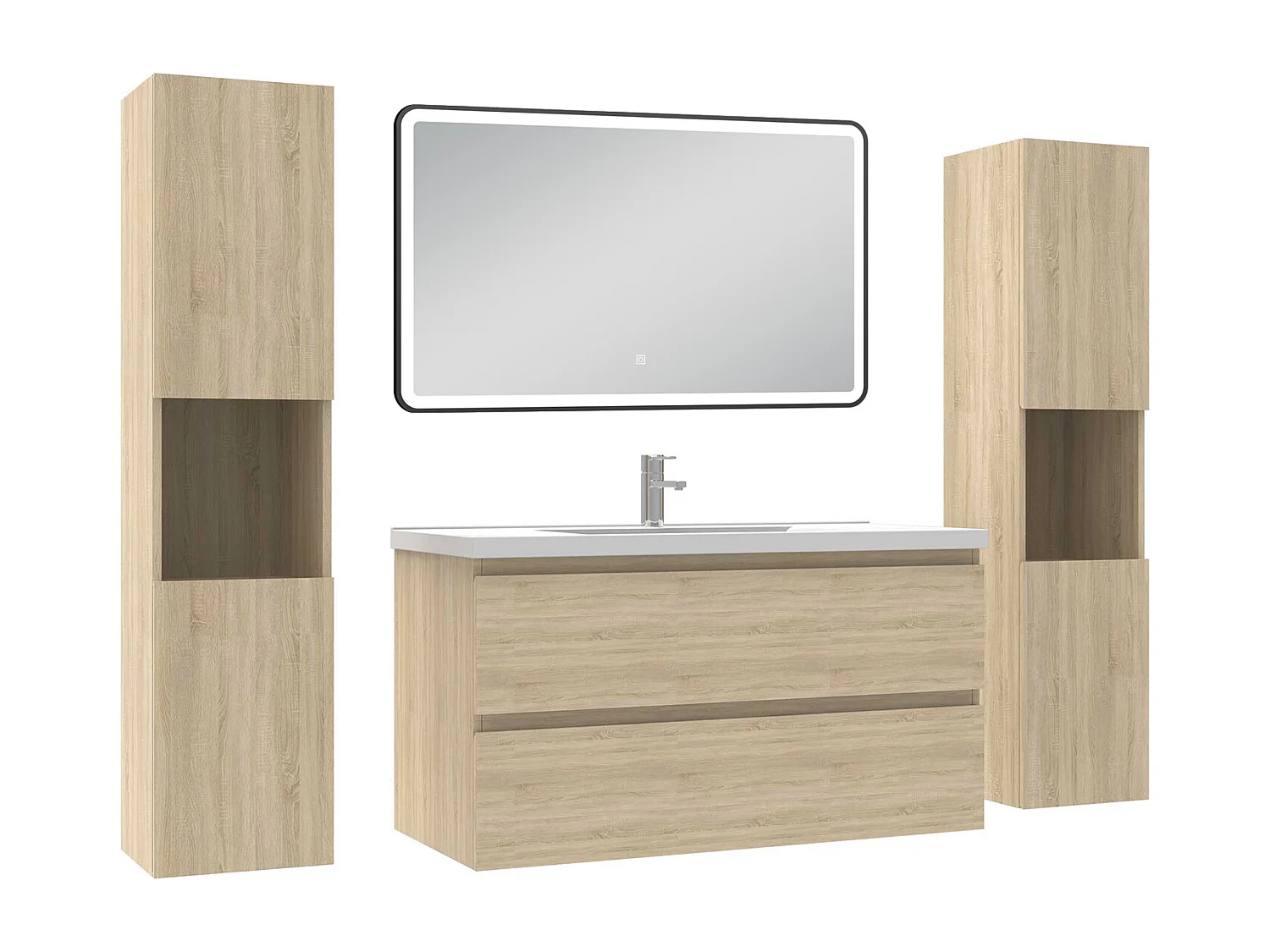 Meubles Salle de Bain 100cm avec colonne + miroir lumineux 3 couleurs + dimmable Chêne Wotan