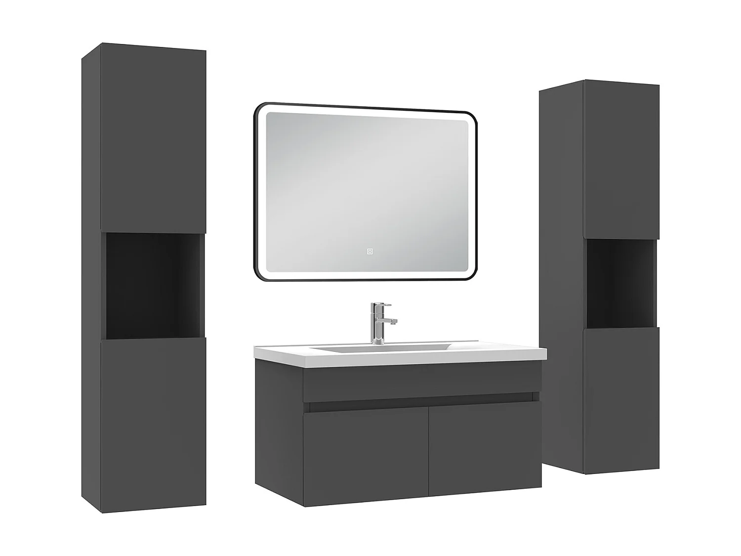Meuble simple vasque 80cm avec colonne + miroir 3 couleurs + dimmable anthracite