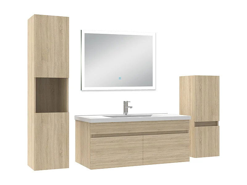 Ensemble meuble Salle de Bain 100cm avec simple vasque + colonne + miroir lumineux dimmable chêne wotan
