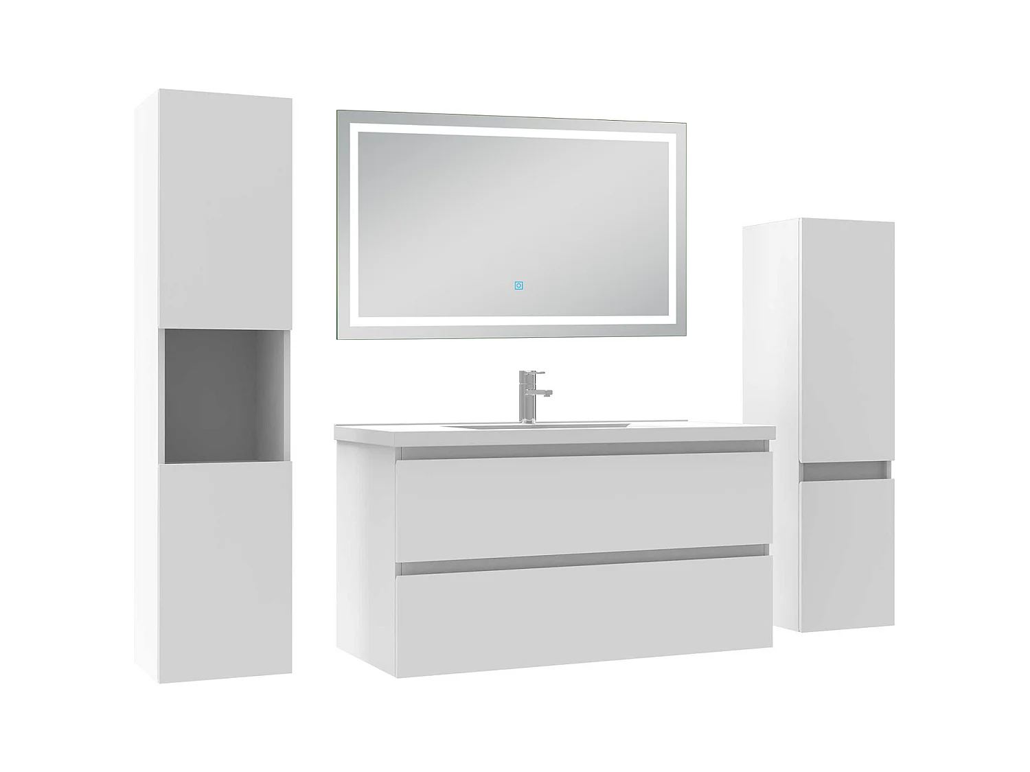 Ensemble meuble Salle de Bain 100cm avec colonne et miroir lumineux 3 couleurs blanc