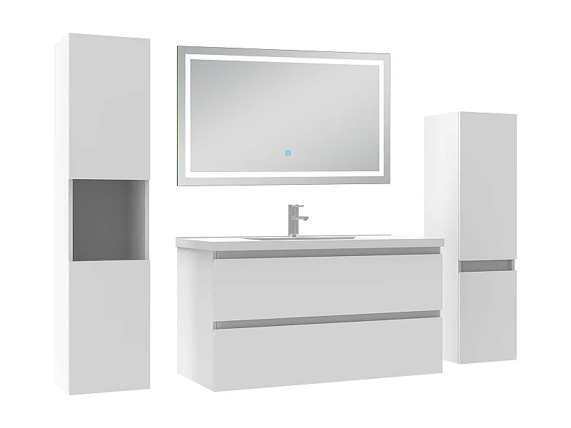 Ensemble meuble Salle de Bain 100cm avec colonne et miroir lumineux 3 couleurs blanc