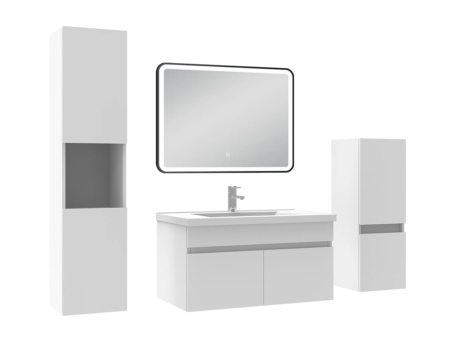 Meuble simple vasque 80cm avec colonne + miroir lumineux 3 couleurs + dimmable blanc