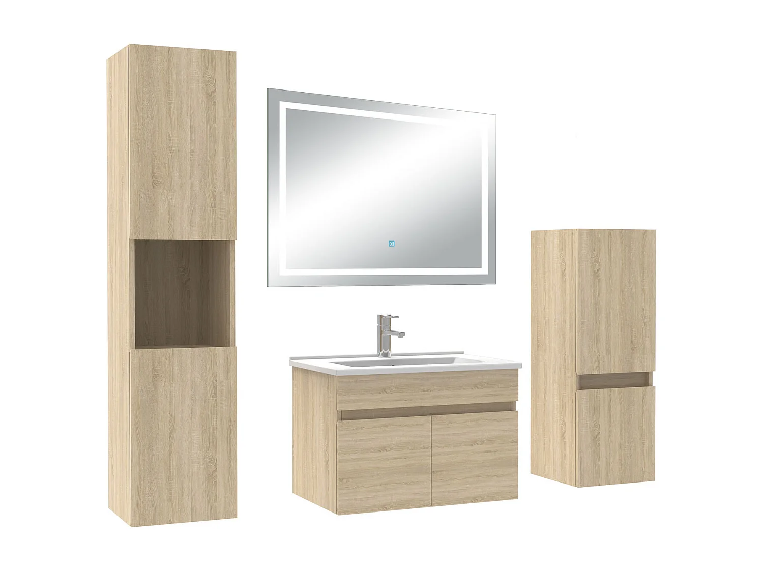 Ensemble meuble salle de Bain 60cm avec colonne + miroir mural lumineux 3 couleurs Chêne Wotan