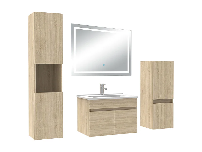 Ensemble meuble salle de Bain 60cm avec colonne + miroir mural lumineux 3 couleurs Chêne Wotan