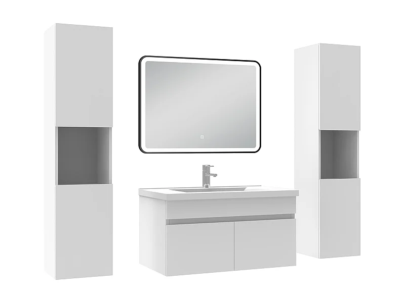 Meuble simple vasque 80cm avec colonne + miroir 3 couleurs + dimmable blanc