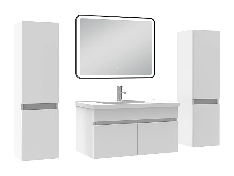Meuble simple vasque blanc 80cm avec colonne + miroir 3 couleurs + dimmable