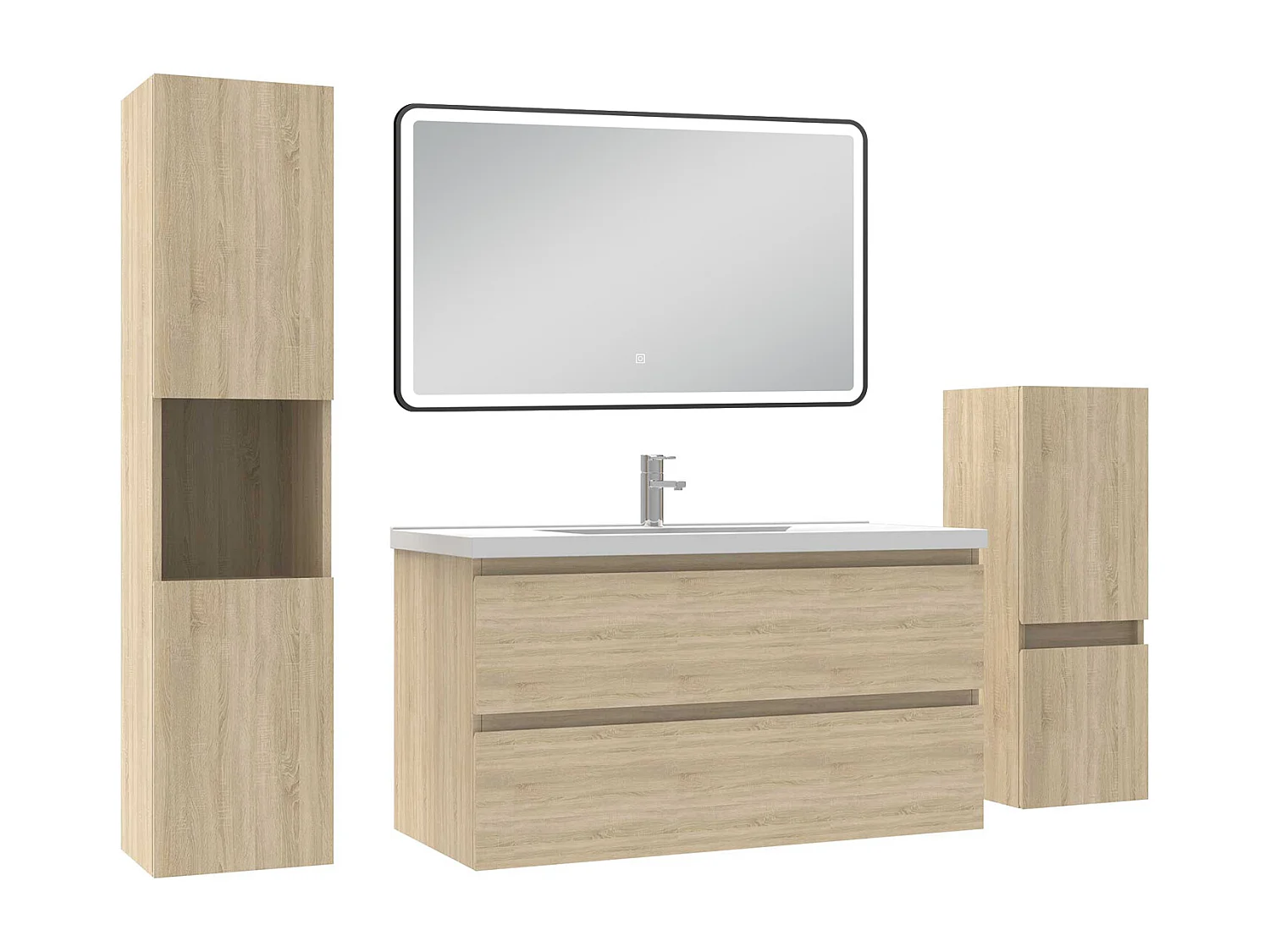 Meuble salle de Bain 100cm avec colonne + miroir mural lumineux 3 couleurs Chêne Wotan