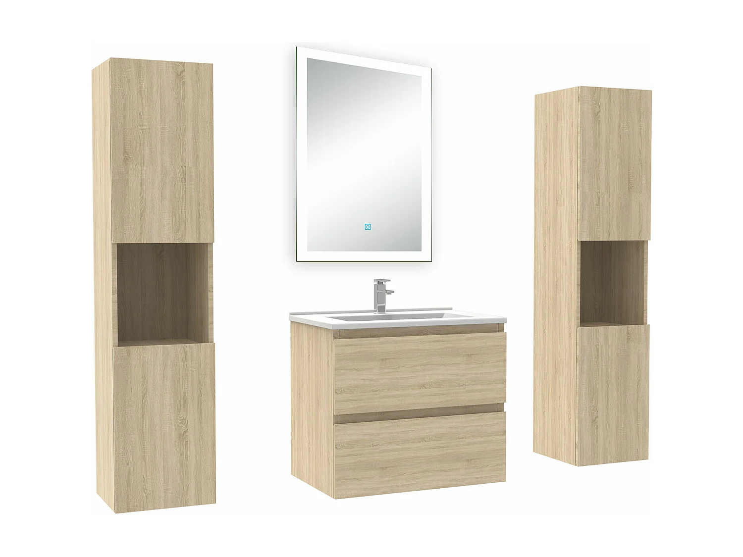 Ensemble meuble Salle de Bain 60cm avec colonne + miroir lumineux dimmable chêne wotan
