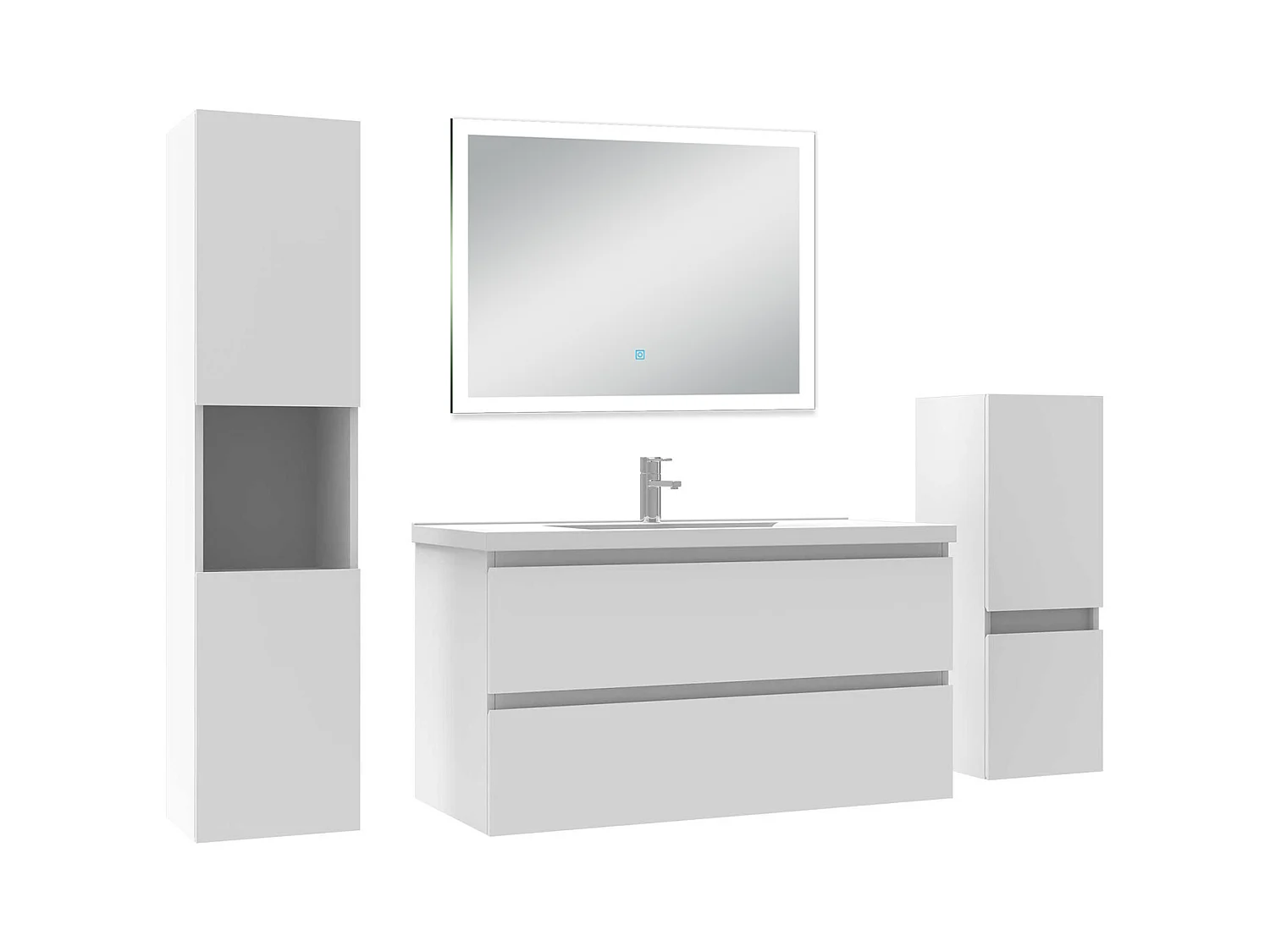 Ensemble meuble Salle de Bain 100cm avec simple vasque et colonne et miroir lumineux dimmable blanc