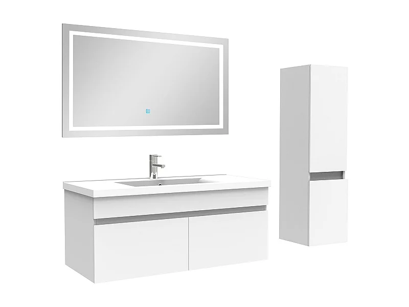 Ensemble meuble salle de Bain 100cm simple vasque avec colonne + miroir 3 couleurs blanc