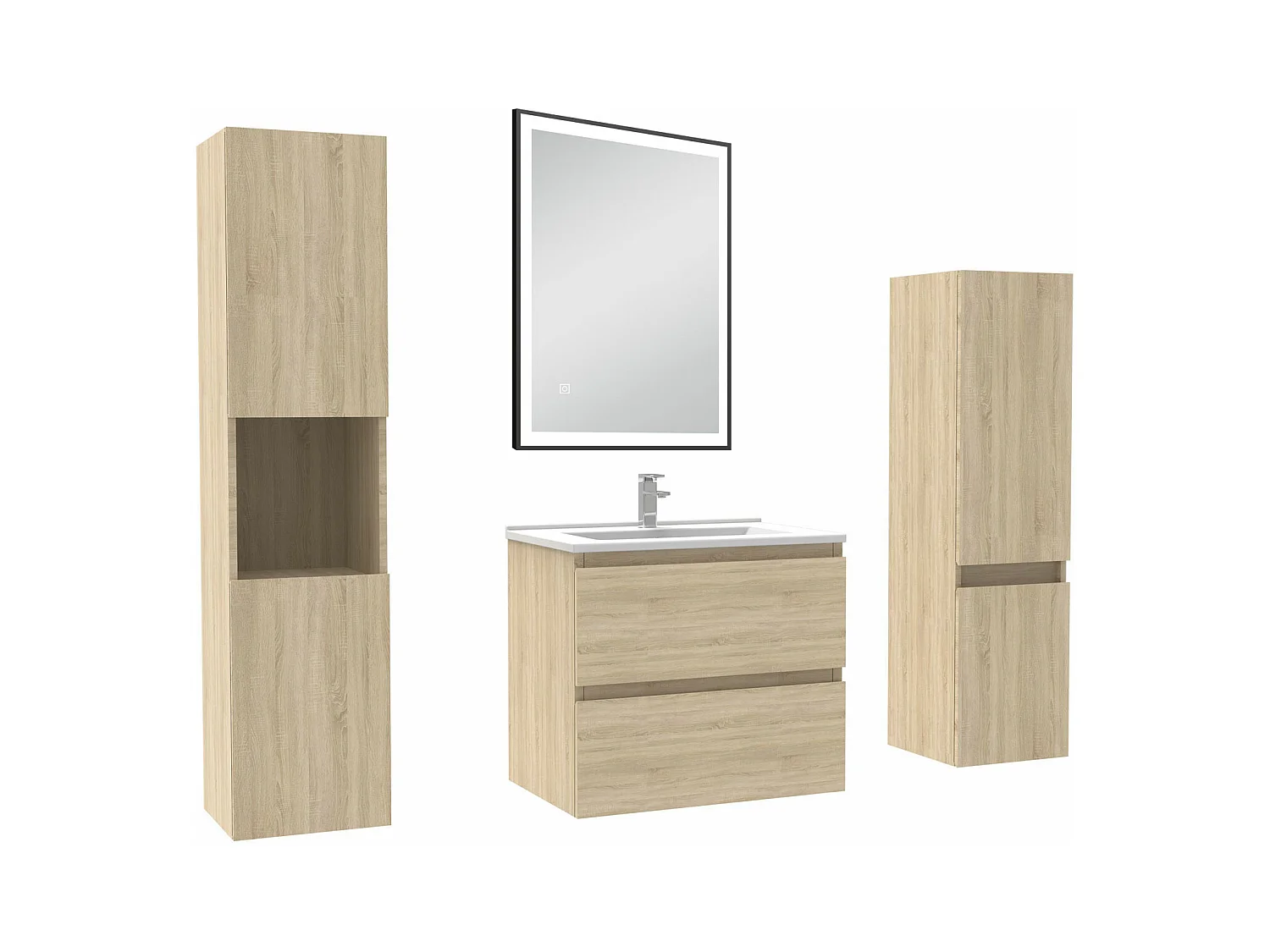 Meuble Salle de Bain 60cm avec colonne et miroir lumineux 3 couleurs Chêne Wotan
