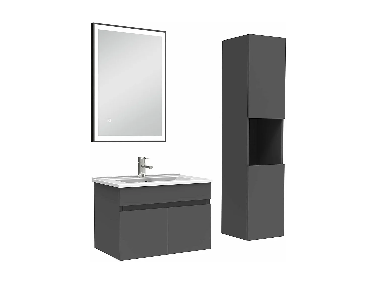 Meuble simple vasque 60cm avec colonne et miroir lumineux 3 couleurs anthracite