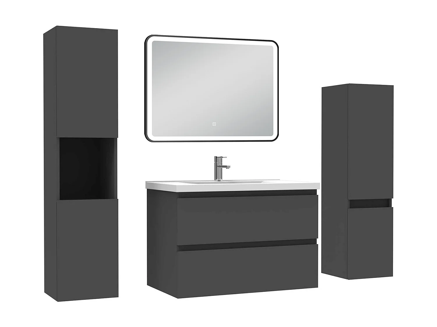Meuble Salle de Bain 80cm avec colonne + miroir lumineux 3 couleurs Anthracite
