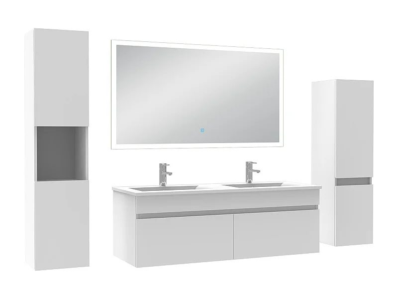 Ensemble meuble Salle de Bain 120cm double vasque avec colonne + miroir lumineux dimmable blanc