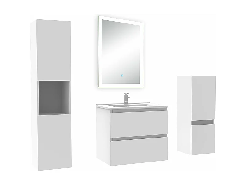 Ensemble meuble Salle de Bain 60cm avec simple vasque et colonne et miroir lumineux dimmable blanc