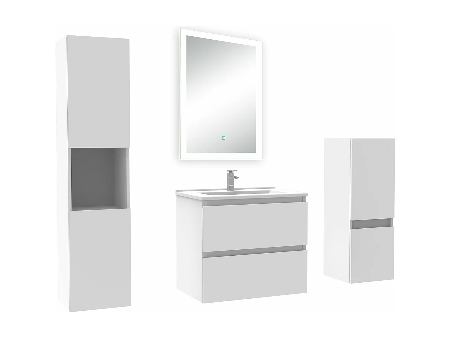 Ensemble meuble Salle de Bain 60cm avec simple vasque et colonne et miroir lumineux dimmable blanc