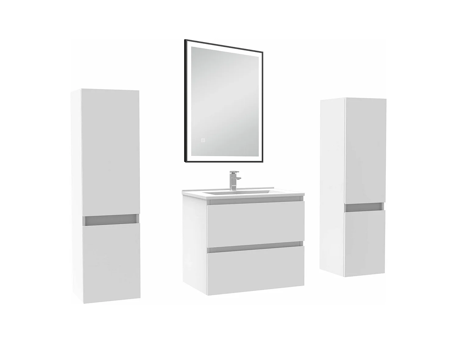 Meubles Salle de Bain 60cm avec colonne et miroir lumineux 3 couleurs blanc