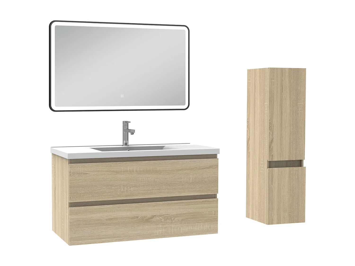 Meuble salle de Bain 100cm simple vasque avec colonne + miroir 3 couleurs Chêne Wotan