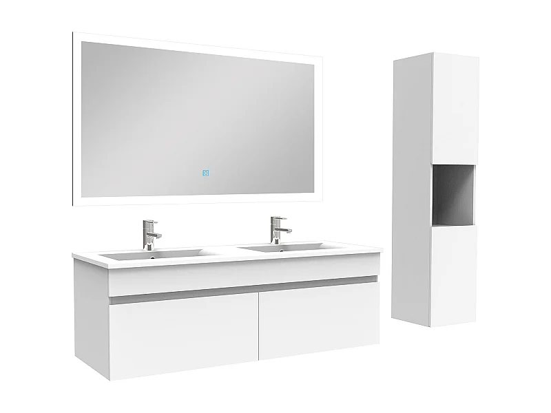 Ensemble meuble Salle de Bain 120cm avec vasque + colonne + miroir lumineux dimmable blanc