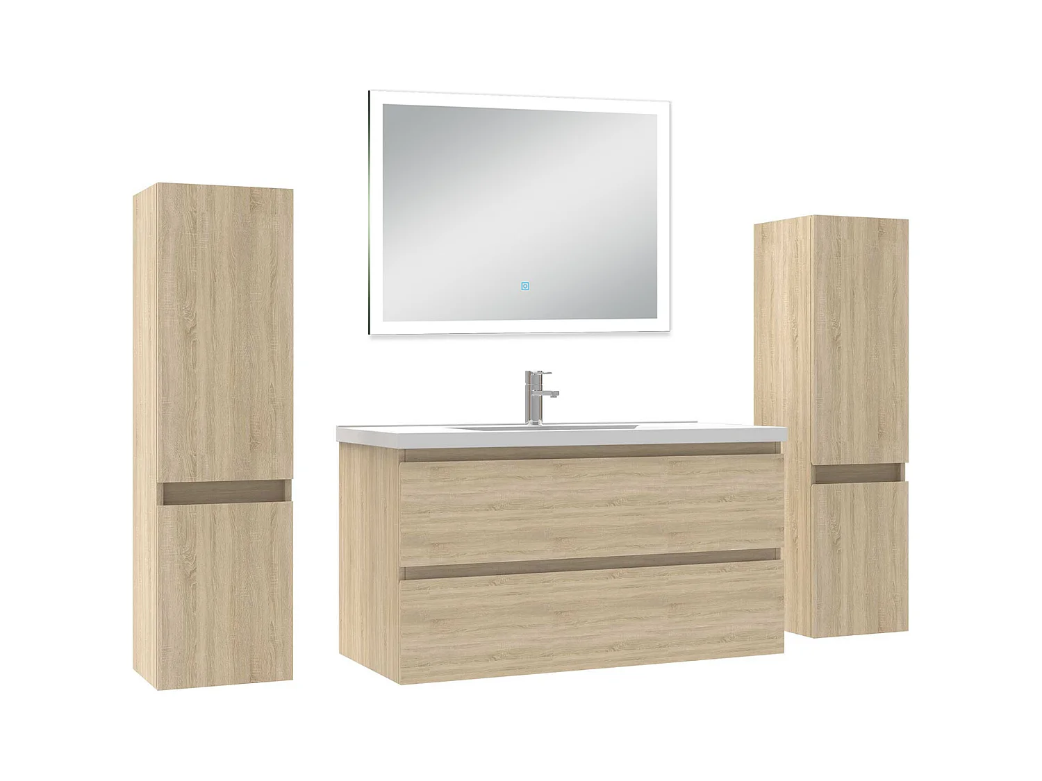 Ensemble meuble Salle de Bain 100cm avec colonne et miroir lumineux dimmable chêne wotan
