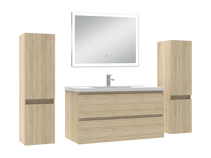 Ensemble meuble Salle de Bain 100cm avec colonne et miroir lumineux dimmable chêne wotan