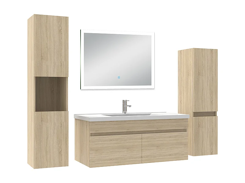 Ensemble meuble Salle de Bain 100cm simple vasque avec colonne + miroir lumineux dimmable chêne wotan
