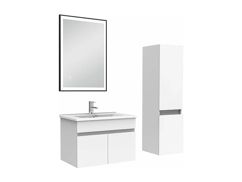 Meuble simple vasque 60cm avec colonne et miroir lumineux blanc