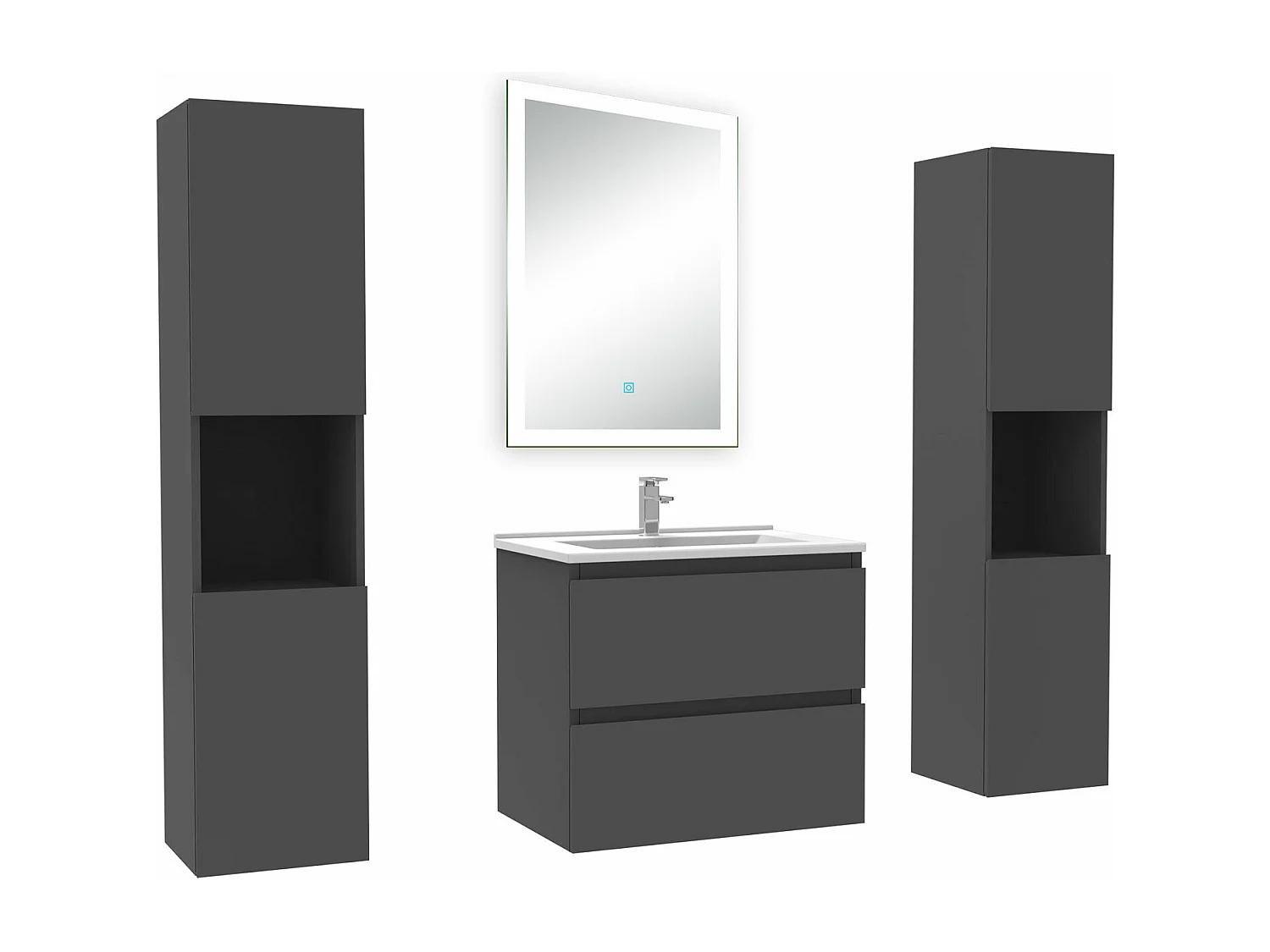 Ensemble meuble Salle de Bain 60cm avec colonne + miroir lumineux dimmable anthracite