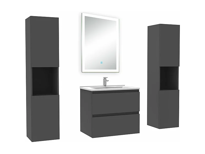 Ensemble meuble Salle de Bain 60cm avec colonne + miroir lumineux dimmable anthracite