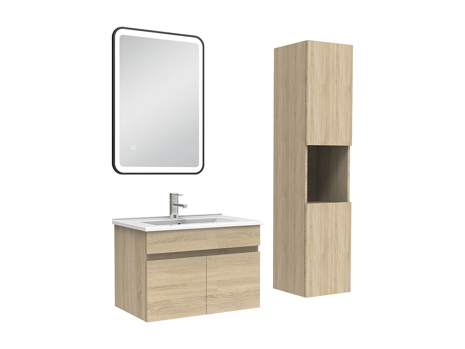 Meuble simple vasque 60cm avec colonne + miroir lumineux 3 couleurs chêne wotan