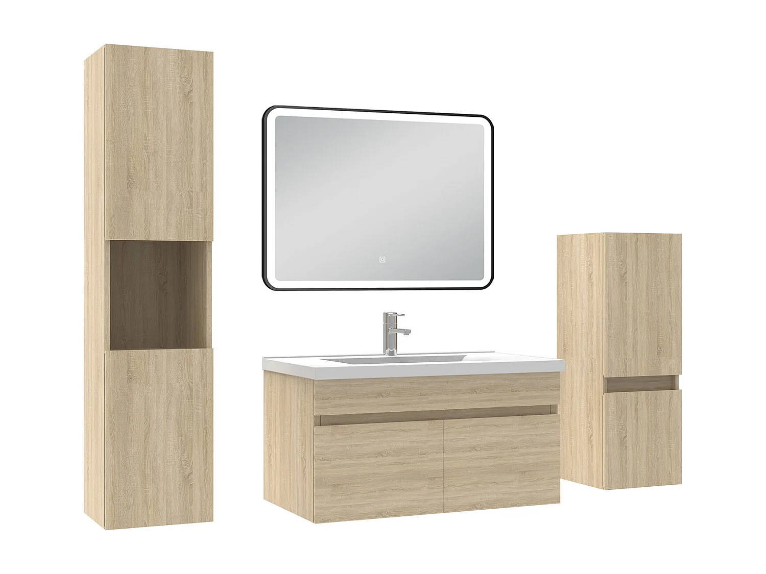 Meuble simple vasque 80cm avec colonne + miroir lumineux 3 couleurs + dimmable chêne wotan